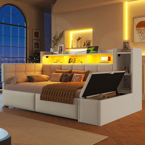 lit adulte rangement 90x190 velours blanc HAVRYA (1/5)