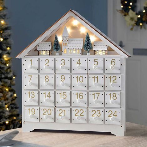 Ulisem Adventskalender aus Holz mit Schubladen, wiederverwendbarer LED-Beleuchtung, 24-tägiger Countdown bis Weihnachten, große, faltbare LED-Adventsbox, Tischdekoration (1/4)