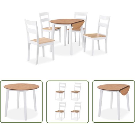 The Living Store Essgruppe 5-tlg. MDF und Gummibaumholz Weiß - Esszimmerset - Essgruppe - Klapptisch - Stuhl - Weißes Esszimmer (1/5)
