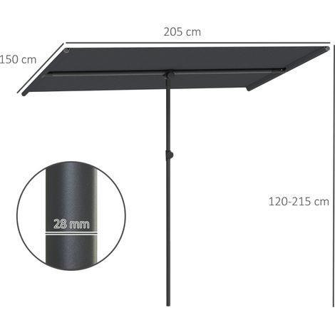 Parasol de balcon 150x205cm, 180° rotatif, hauteur réglable, mât en aluminium, gris foncé