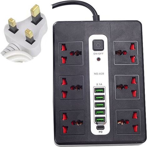Extension Lead USB, Power Socket with 6 Outlet 5 USB Charging Station Power Strip Surge Protection with 2m Power Lead(black) (1/5)