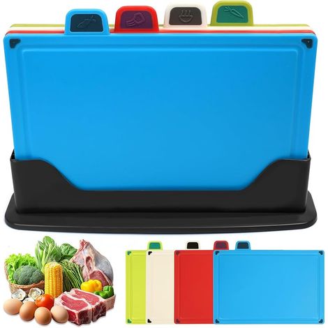 Lot de 4 planches à découper en plastique - 30 x 20 cm - Avec support - Passe au lave-vaisselle - En polypropylène - Sans BPA - Antidérapantes - Pour fruits, légumes, viandes (1/5)
