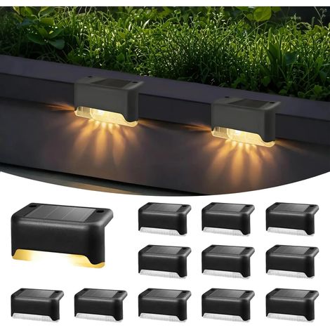 Lot de 12 Lampes Solaires Extérieures - Lampes Solaires d'Escalier - Étanche IP65 - LED Extérieures pour Marches, Clôture, Cour, Terrasse, Jardin, Piscine et Allée (Noir, Blanc Chaud)