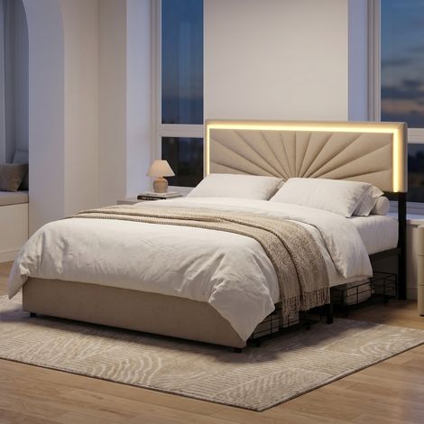 Superaly Lit Double avec rangement 160x200 cm, 4 Tiroirs de rangement encadrés en métal, Tête de Lit Réglable avec LED, Lit Rembourré en Lin, Lit Adulte de Style Moderne, Sommier à Lattes, Beige (1/5)