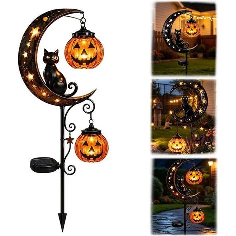Décoration Jardin Halloween Solaire 80x18cm Citrouille Lune Chat Noir Piquet Amovible Pour Terrasse Pelouse Allée Extérieur (1/5)