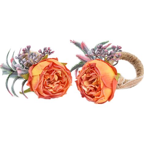 Lot de 2 ronds de serviette créatifs de style western avec boucles en tissu, décorations de fleurs artificielles, ronds de serviette d'hôtel sur le thème de la forêt, couleur orange (1/5)