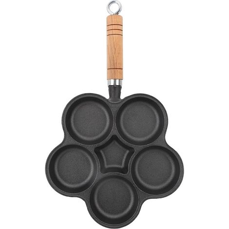 Eierpfanne aus Gusseisen mit 5 Mulden schnelles Aufheizen dicker Boden antihaftbeschichtete Frühstückspfanne mit Massivholzgriff für Gas und (1/5)