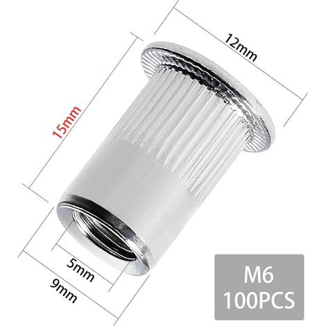 100 pièces M6 écrou à rivet fileté à tête plate, écrous à riveter fileter en acier inoxydable, assortiment inserts filetés pour mental plastique (12 mm 15 mm) (1/4)