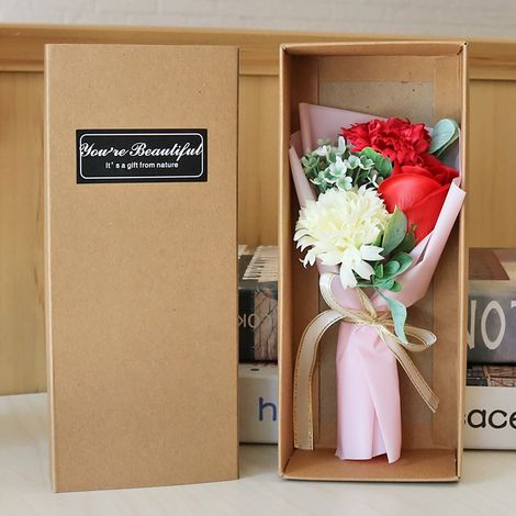 Soap Flower - 3-Piece Artificial Rose and Carnation Bouquet in Kraft Box - Home Decoration Gift Set