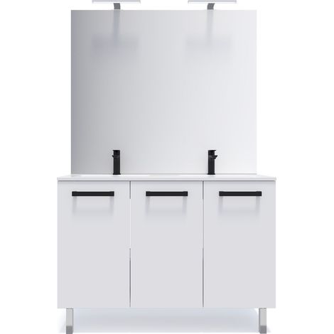 Meuble de salle de bain suspendu avec pieds double vasque intégrée 120cm 3 portes Blanc + miroir - Chelsea (1/5)
