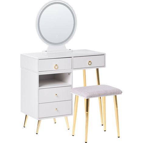 Coiffeuse Blanc et Doré en Métal MDF et Polyester avec Tabouret et Miroir Yves (1/5)
