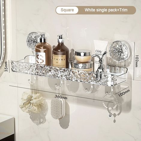Étagère de rangement de salle de bain transparente et légère, fixée au mur, non perforée, avec ventouses puissantes. (1/5)