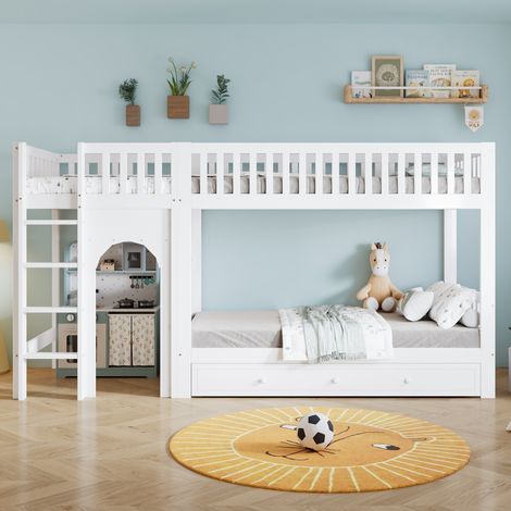 Lit superposé enfant blanc 90x200cm échelle droite barrières sécurité structure solide espace déco chambre pratique (sans Matelas)