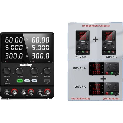Fuente de alimentación de CC regulada, salida multicanal, voltaje y corriente ajustables, SPS605-2KD 60V5A (1/2)