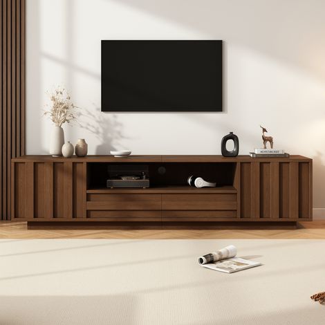 Meuble TV noyer 180×40×45 cm, 2 portes 2 tiroirs, relief 3D (1/5)