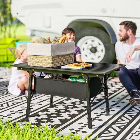 Table de camping en aluminium noir, rectangulaire, pliante, réglable en hauteur avec sac de transport et panier (1/5)