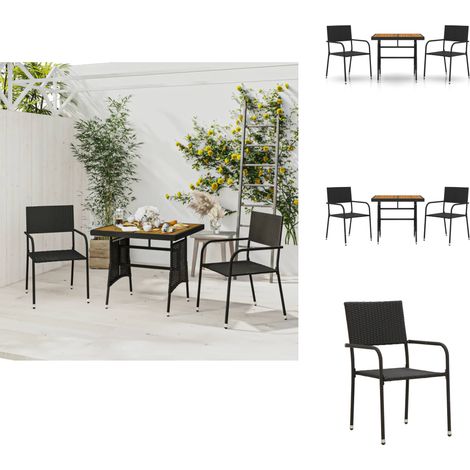 3-tlg. Garten-Essgruppe Poly Rattan Schwarz - Gartenmöbel Set - Outdoor Esstisch - Gartentisch - Gartenstuhl - Rattan Möbel