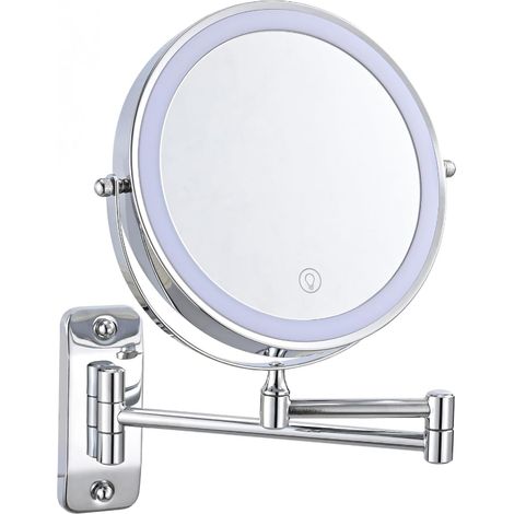 Espejo de maquillaje de pared de 8 pulgadas, aumento de 1X/5X, recargable, iluminación ajustable de 3 colores (cromado). (1/5)