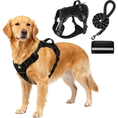 Harnais pour Chien avec Laisse et Sac Tactique pour Chiens, Harnais de Poitrine Rembourré et Souple, Harnais avec Poignée, Harnais Anti-Traction pour Les Promenades et Le Dressage (Noir, XL) (1/5)