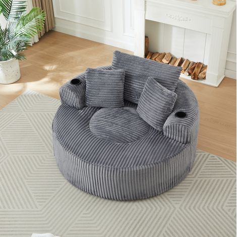 Divano lounge rotondo 1 posto in velluto a coste grigio con tasche e portabevande - CHICFURN (1/5)
