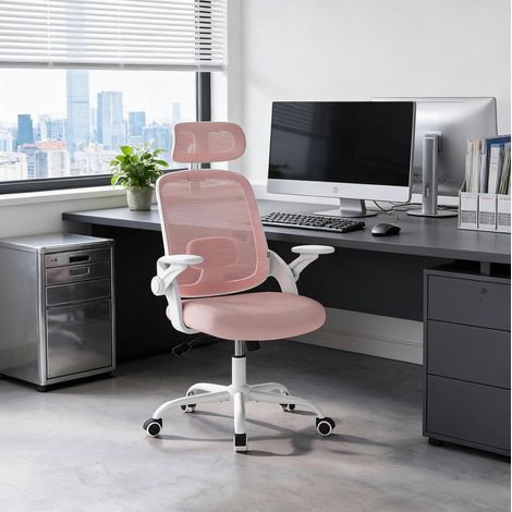 Silla de oficina 63.5x47x109.5-117.5 cm rosa de metal y malla con reposacabezas ajustable (1/3)
