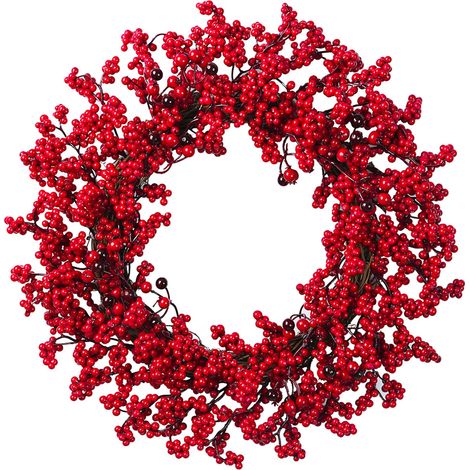 Couronne de baies rouges artificielles, 45cm, décoration de noël en plastique pour porte d'entrée, cheminée murale foncée (1/5)