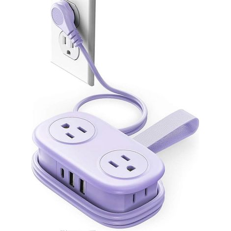 Multiprise de voyage de 1,2 m, format mini de poche, fiche plate à 45 degrés, avec 4 prises secteur/2 ports USB-A/1 port Type-C, protection contre les surtensions, violette. (1/4)