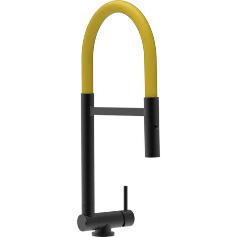 Rubinetto abbattibile a soli 4,5 cm, miscelatore cucina Nero Opaco per sottofinestra canna gialla movibile e doccia due getti staccabile (1/5)