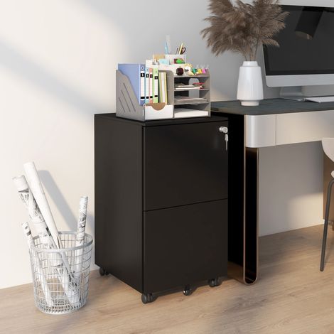 Rollcontainer 37x43.5x67.5 cm Schwarz aus Stahl mit 2 abschließbaren Schubladen und Rollen (1/4)