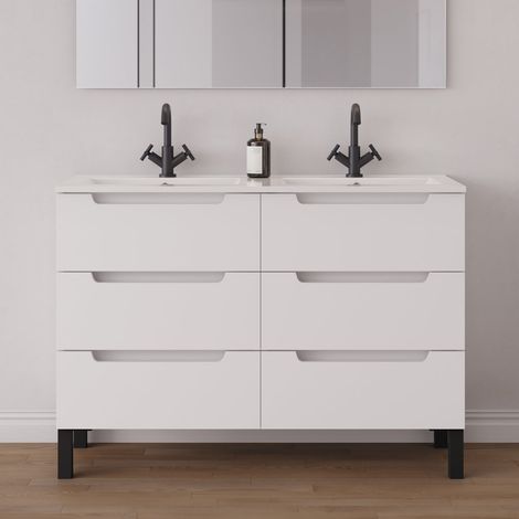 Meuble de salle de bain 120cm double vasque - 6 tiroirs - sans miroir - blanc mat - RIZA (1/5)