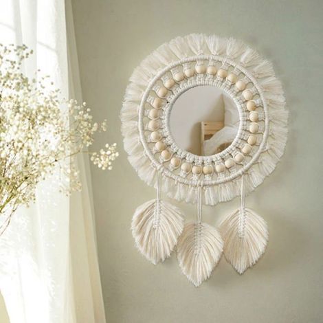 Miroir mural suspendu avec franges en macramé,décoration ronde avec perles en bois,pendentif en plumes pour salon,chambre de bébé (1/4)