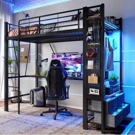 MEUBLIV Lit mezzanine 90x200 cm noir – bureau, rangements et LED, sans matelas (1/5)