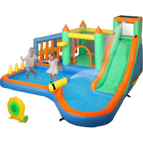 Château gonflable avec toboggan aquatique pataugeoire mur d'escalade, multicolore 360 x 315 x 195 cm