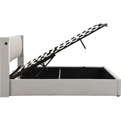 Letto imbottito LED 140 x 190 cm con contenitore, USB e testiera regolabile, PU grigio (1/5)