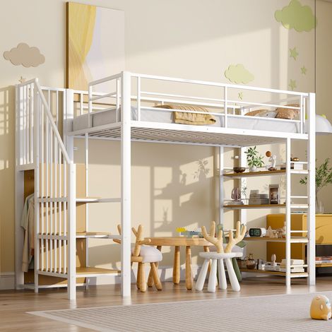 Lit mezzanine 90x200 cm, métal, avec escalier de rangement, penderie, étagères et garde-corps, blanc, sans matelas (1/5)