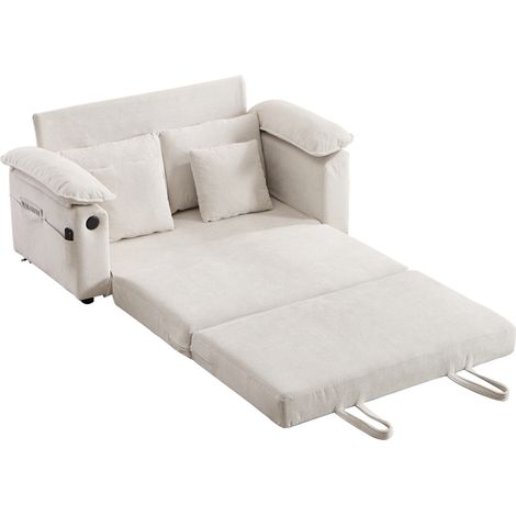 Canapé convertible 3 en 1 en chenille blanche, 2 places, canapé-lit futon avec couchage dépliant, poches latérales et format compact (1/5)