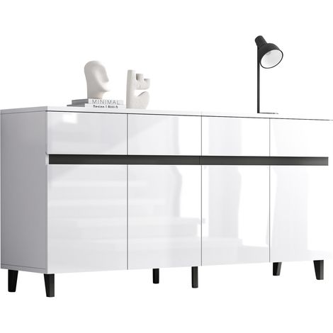 Buffet blanc laqué avec 4 tiroirs, 2 portes et étagères réglables, meuble de rangement moderne pour salon, salle à manger et entrée  CHICFURN (1/5)