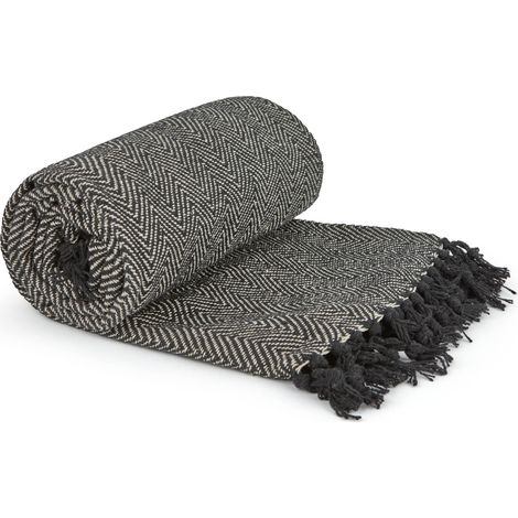 Jeté de lit en Coton recyclé à Motif à Chevrons pour Fauteuil, canapé, lit, Noir - 70 x 100 cm (178 x 254 cm) (1/5)