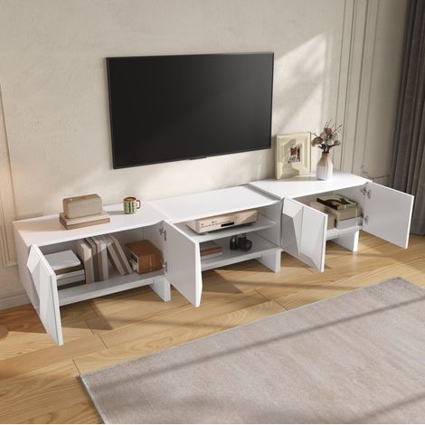 MODFU – Mueble TV 180x34x44,5 cm con 4 puertas de relieve, nichos abiertos y pasacables para salón – Blanco (1/5)