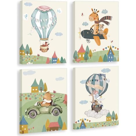 Lot de 4 posters d'animaux avec cadre (20 x 25 cm), motifs d'avion, montgolfière, tableaux muraux pour chambre de bébé, garçon et fille, jungle, safari, tableaux muraux (1/5)