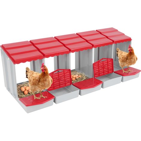 Pondoir pour poules 5 compartiments, 139x51x46 cm, rouge, Nichoir à poules en plastique, collecte des œufs, pose libre ou murale, toit incliné anti-pluie
(1/5)