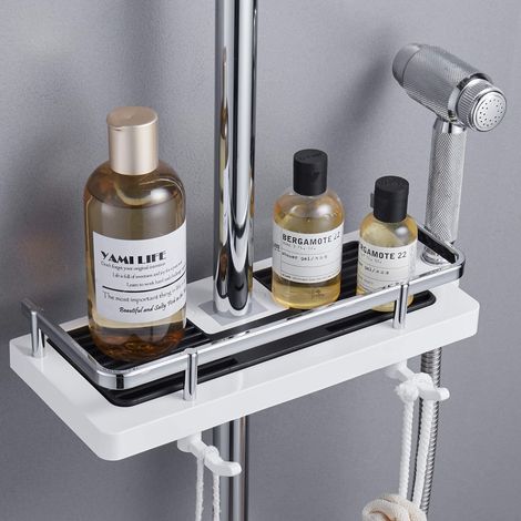 Étagère Douche Porte Savon Salle De Bain Rangement Douche sans Percage, Crochets et Porte Serviette Murale Antirouille Auto-adhésif Support Blanc Lot de 1 (1/5)