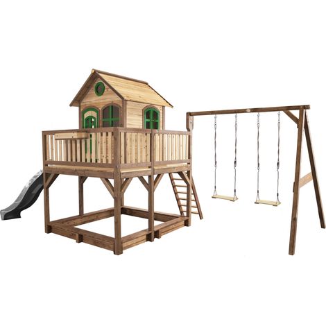 Axi Liam Maison Enfant Avec Bac À Sable, 2 Balançoires & Toboggan Gris  Aire De Jeux Pour L'Extérieur En Marron & Vert  Maisonnette / Cabane De Jeu En Bois Fsc