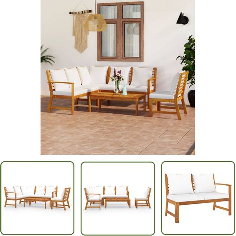 The Living Store Salon de jardin 5 pcs avec coussin Crème Bois d'acacia solide - Salon De Jardin - Meubles De Jardin - Mobilier De Jardin - Set Salon De Jardin - Acacia (1/5)