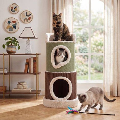 2 niches et perchoir arbre à chat tonneau moderne, espace de repos et jeu pour chats vert (1/5)