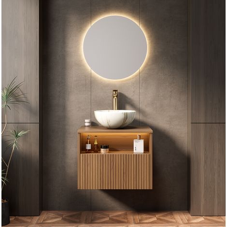 Mueble de lavabo suspendido 60x46x59 cm marrón con LED, ahorro de espacio – MEUBLIV (1/5)