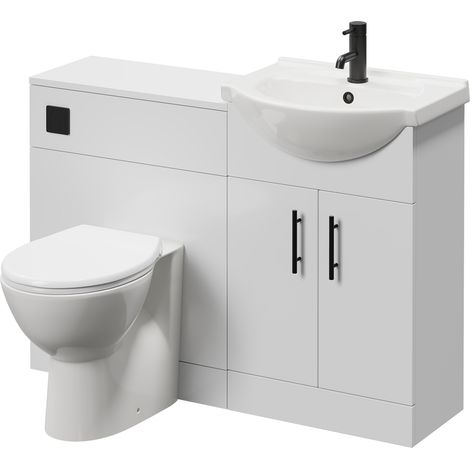 Alexander James Cento Gloss White 1150mm 2 Door Vanity Unit Toilet Suite - 1150mm - Matt Black 96mm Knurled Bar HandleJames Toilet Pan and Seat