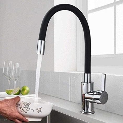 Robinet de Cuisine Flexible Bec Haut Orientable Librement Mitigeur Évier Flexible Laiton Chromé et Noir Robinet Evier Monotrou à Eau Chaude (1/4)