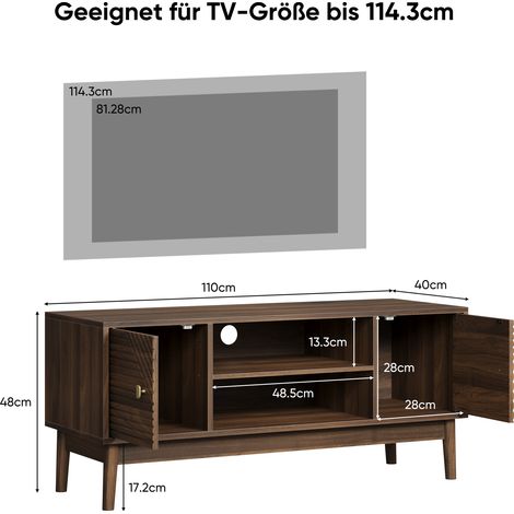 Meuble TV 110 cm style rétro-moderne, compatible TV 32–45 pouces, avec rangement, console multimédia pour salon/chambre, en bois noyer