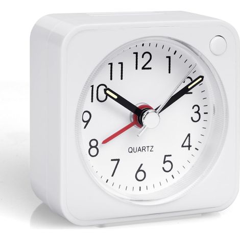 Réveil Mini - Mécanisme Silencieux - Fonction Veilleuse - Mode Snooze 5 Min - Design Blanc Minimaliste - Alimentation Par 1 Pile AA - Dimensions 5,5 x 5,5 x 2,8 cm - 1 Pièce